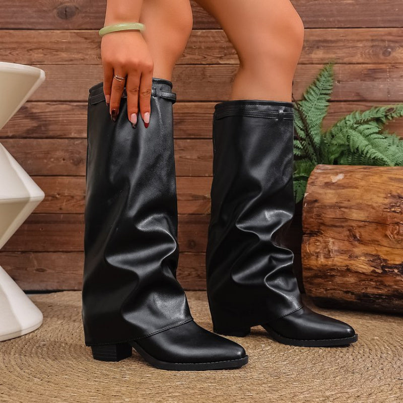 Women's Slouchy Knee-High Boots, Pointed Toe and Low Heel - Naveah
