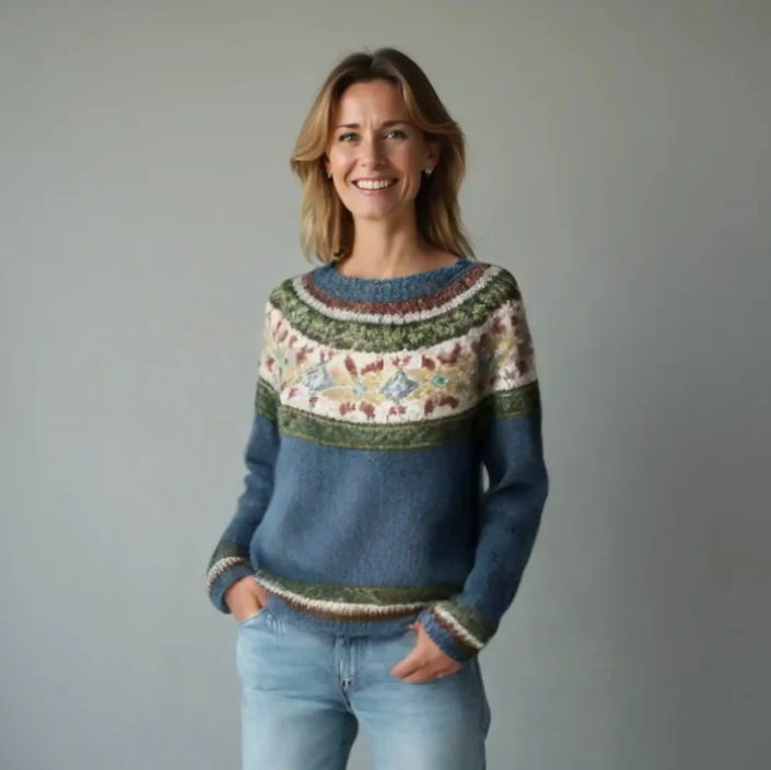 Women's blue Fair Isle knit jumper on model