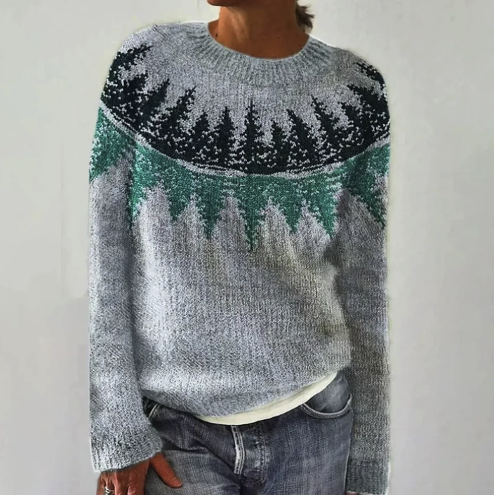 Women's grey and green forest-pattern knit jumper