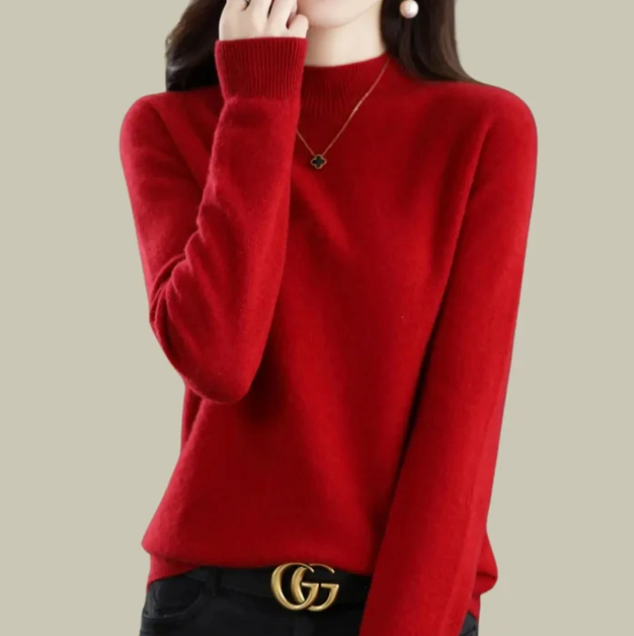 Women's mock-neck merino wool knit sweater in deep red