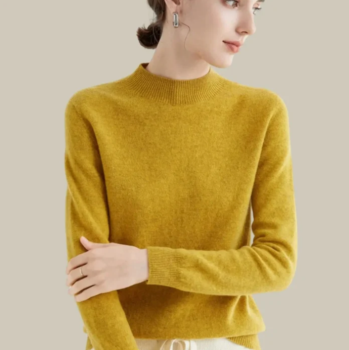 Women's mock-neck merino wool knit sweater in mustard