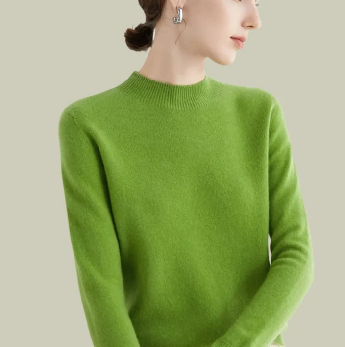 Women's mock-neck merino wool knit sweater in olive green