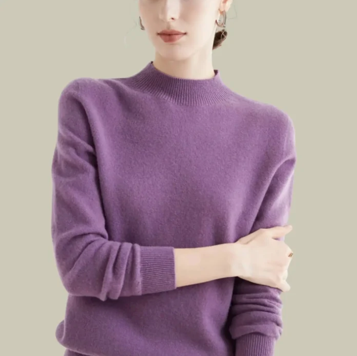 Women's mock-neck merino wool knit sweater in purple