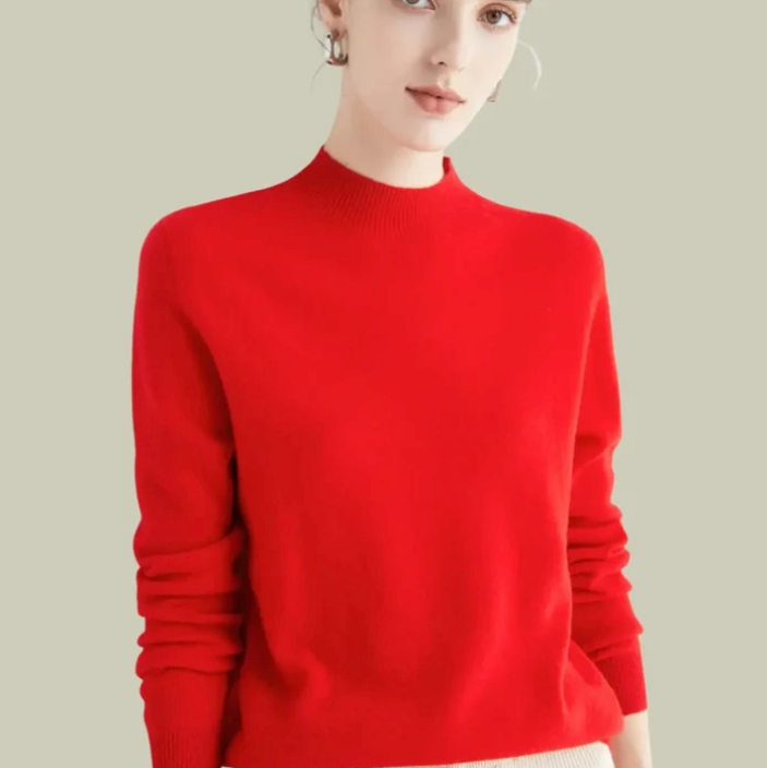 Women's mock-neck merino wool knit sweater in red