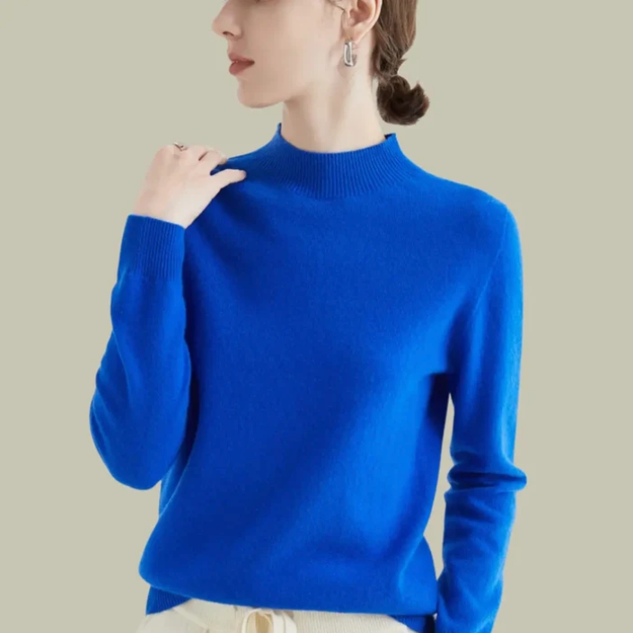 Women's mock-neck merino wool knit sweater in royal blue