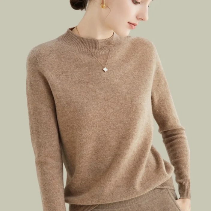 Women's mock-neck merino wool knit sweater in taupe