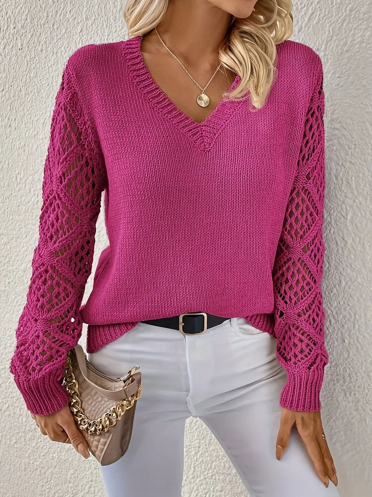 Quinara | V-Neck Crochet Sleeve Sweater