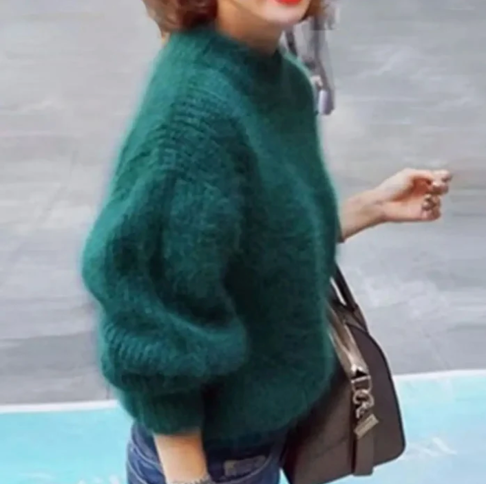 Women's fluffy turtleneck loose knit sweater in green