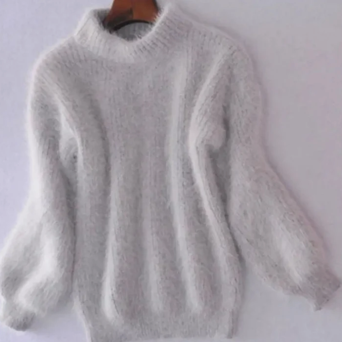 Women's fluffy turtleneck loose knit sweater in grey