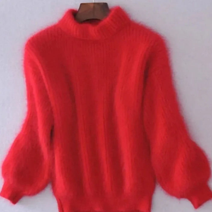 Women's fluffy turtleneck loose knit sweater in red