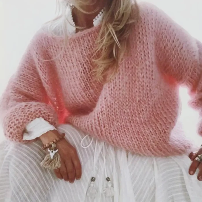 Women's oversized mohair blend knit sweater in light pink - alternate view