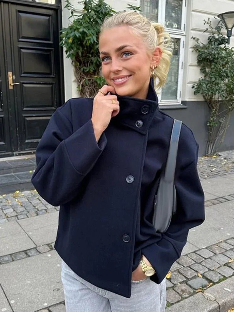 Women's Wool Jacket – Button Front Stand Collar