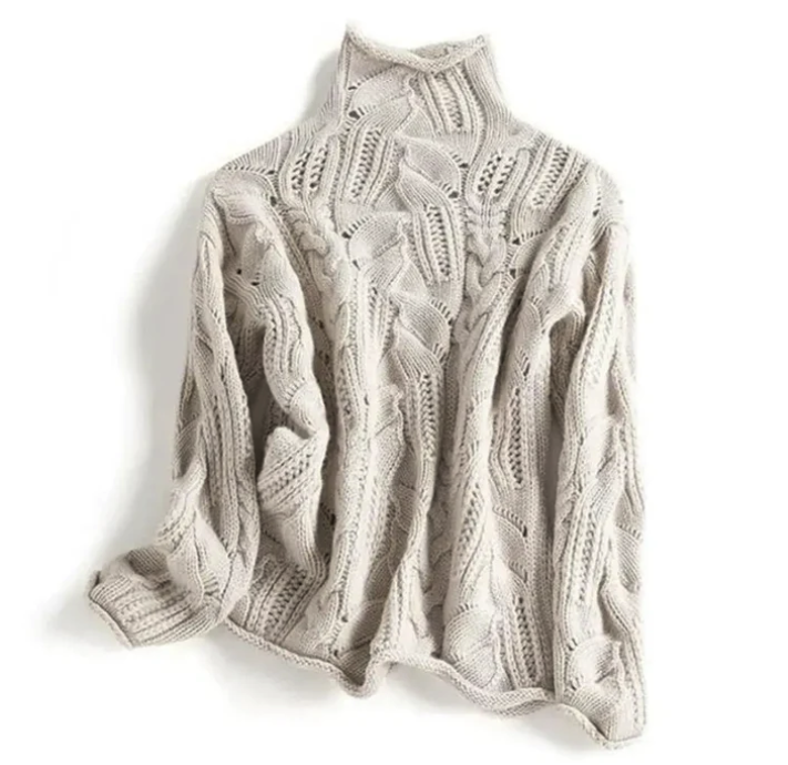 Women's cable knit turtleneck sweater in beige