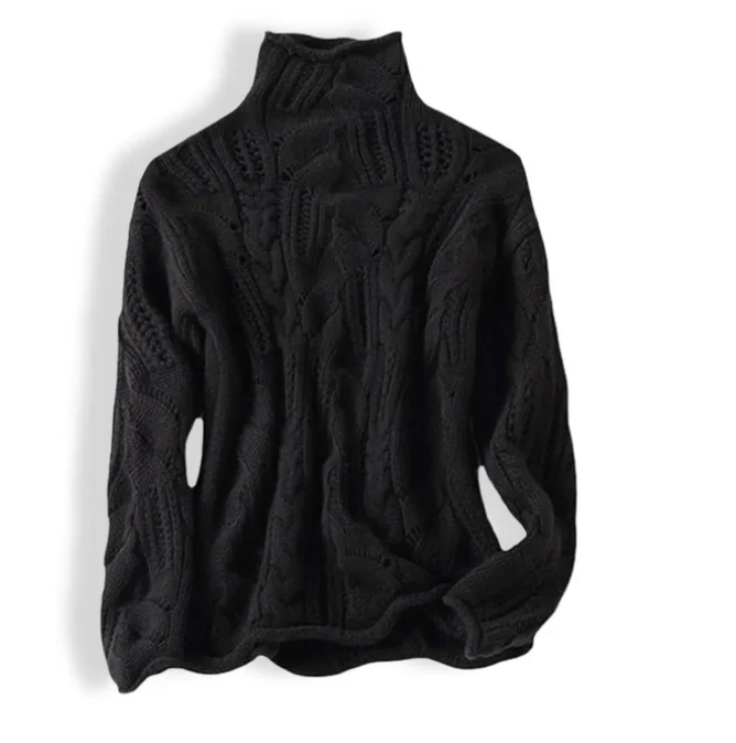 Women's cable knit turtleneck sweater in black