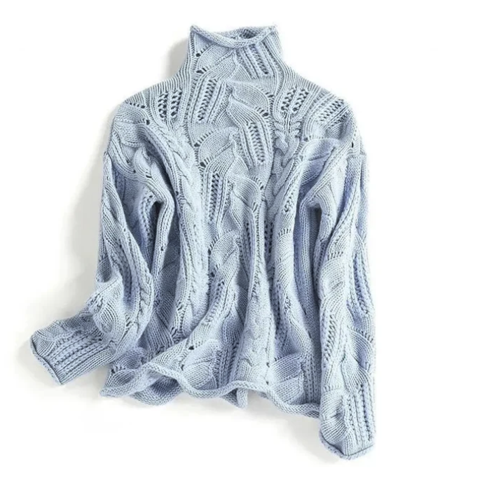 Women's cable knit turtleneck sweater in blue