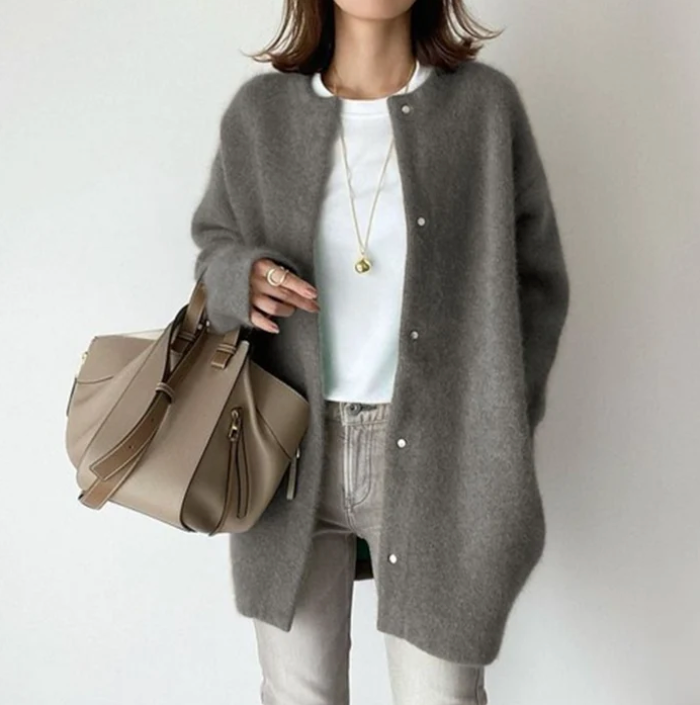 Women's oversized cardigan in gray - studio view