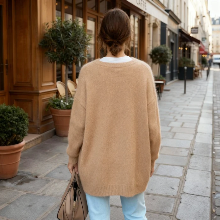 Women's oversized cardigan in khaki - back view
