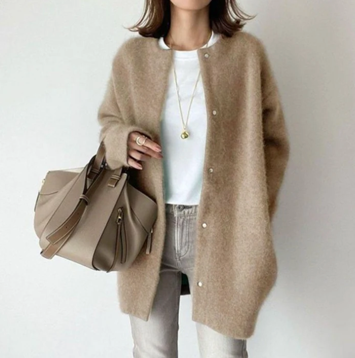 Women's oversized cardigan in khaki - studio view