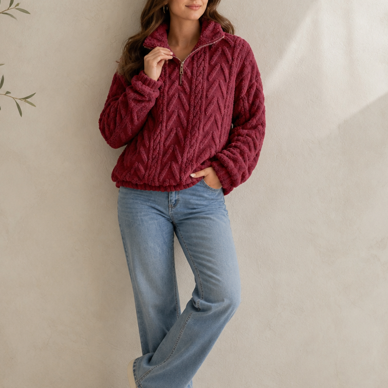 Women's Cable Knit Sweater, Quarter Zip with Stand Collar