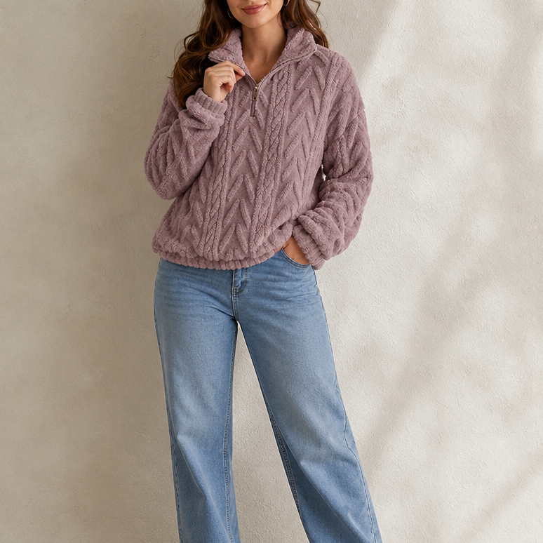 Women's Cable Knit Sweater, Quarter Zip with Stand Collar
