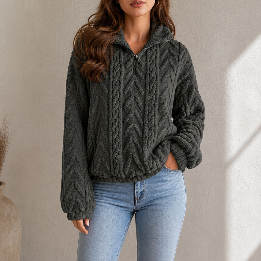 Women's Cable Knit Sweater, Quarter Zip with Stand Collar
