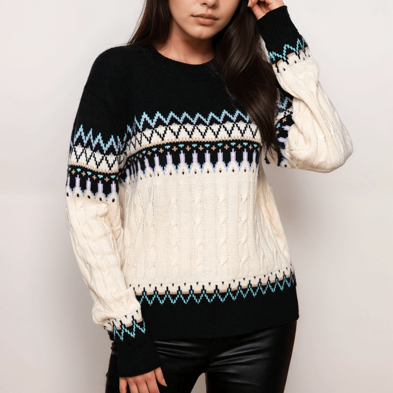 Women's Fair Isle Cable Knit Sweater, Relaxed Fit - Fern