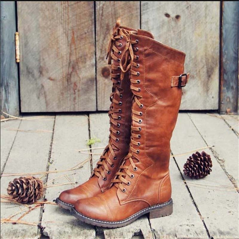 Women's Knee-High Lace-Up Riding Boots with Buckle - Matilda