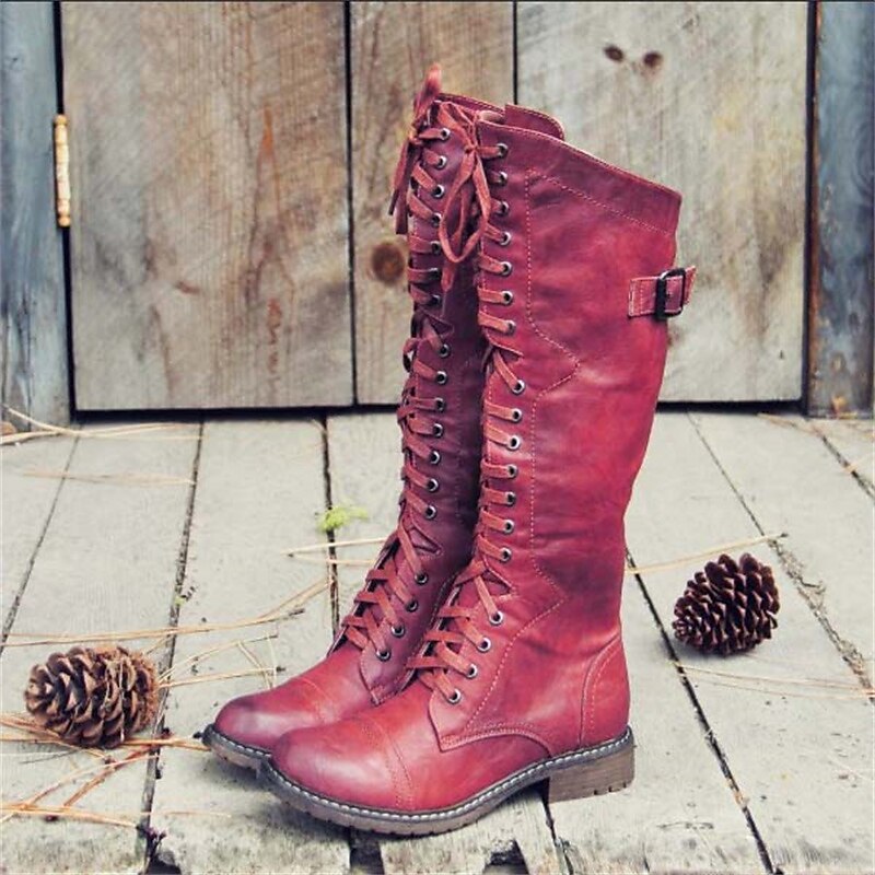 Women's Knee-High Lace-Up Riding Boots with Buckle - Matilda