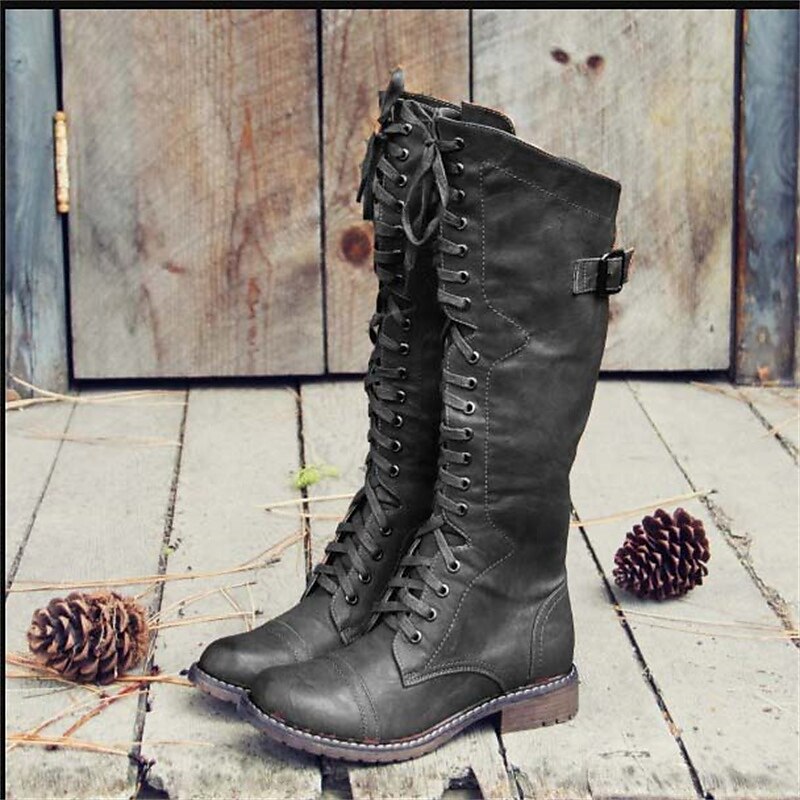 Women's Knee-High Lace-Up Riding Boots with Buckle - Matilda