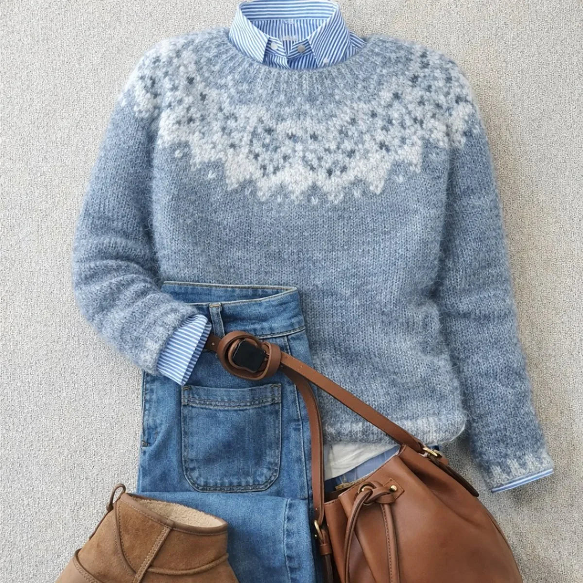 Women's Fair Isle Crewneck Sweater with Ribbed Cuffs and Hem