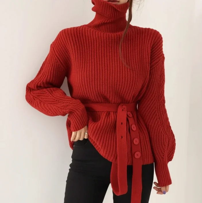 Women's belted turtleneck sweater in red