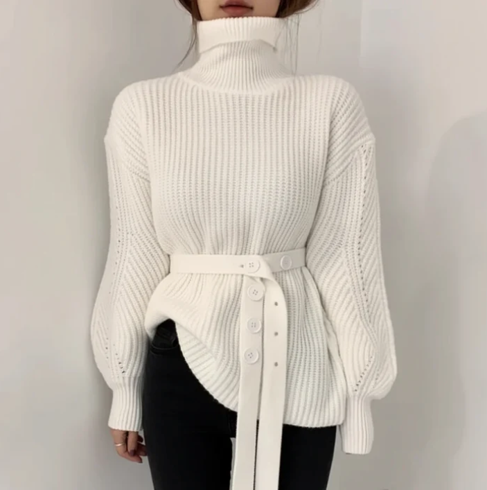 Women's belted turtleneck sweater in white