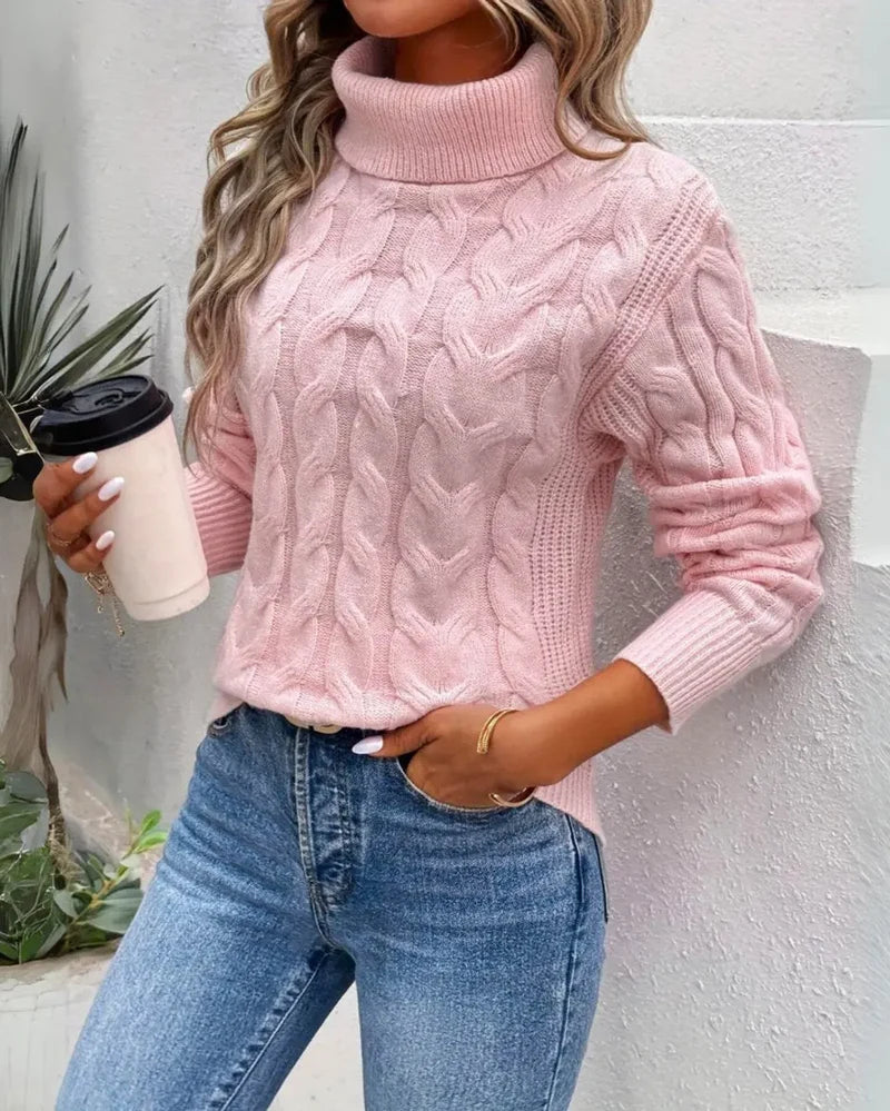 Women's cable knit turtleneck sweater in pink