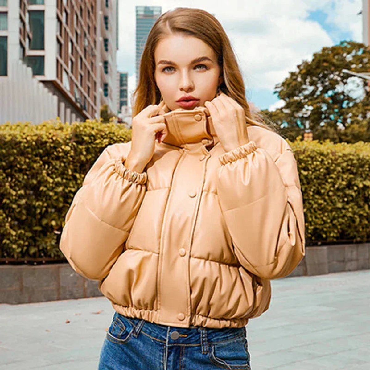 Isa | Women's Faux Leather Cropped Puffer Jacket