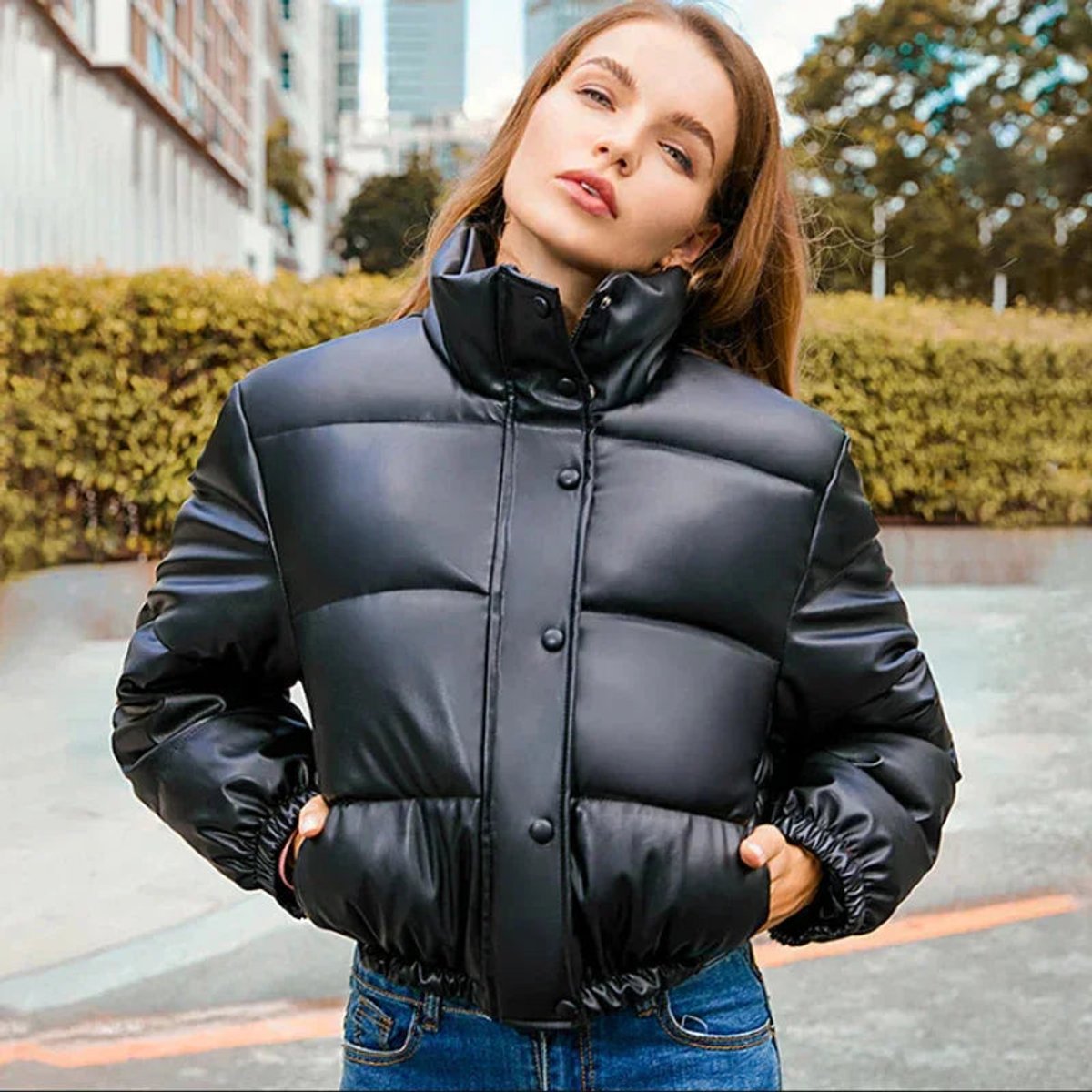 Isa | Women's Faux Leather Cropped Puffer Jacket