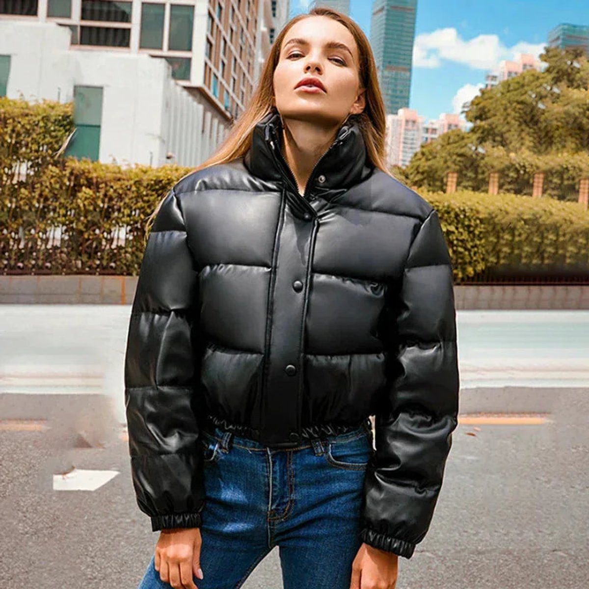 Isa | Women's Faux Leather Cropped Puffer Jacket