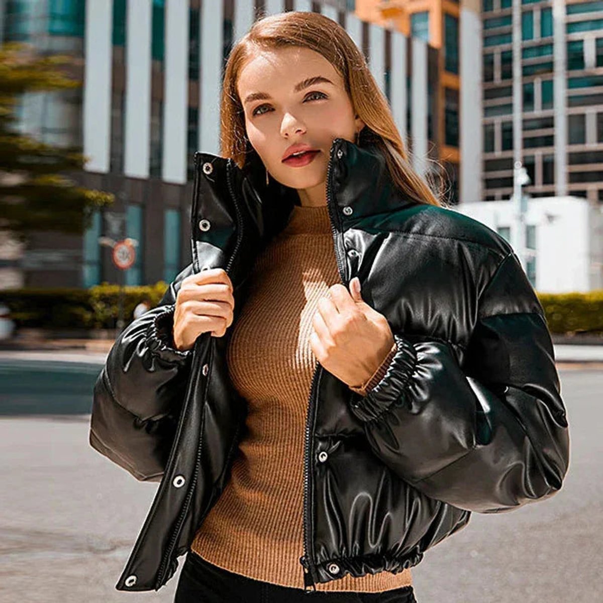 Isa | Women's Faux Leather Cropped Puffer Jacket