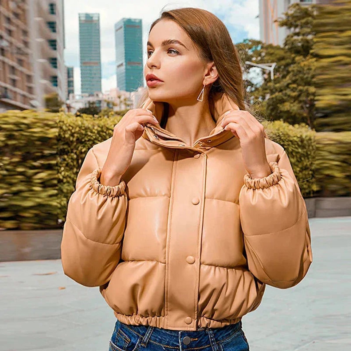 Isa | Women's Faux Leather Cropped Puffer Jacket