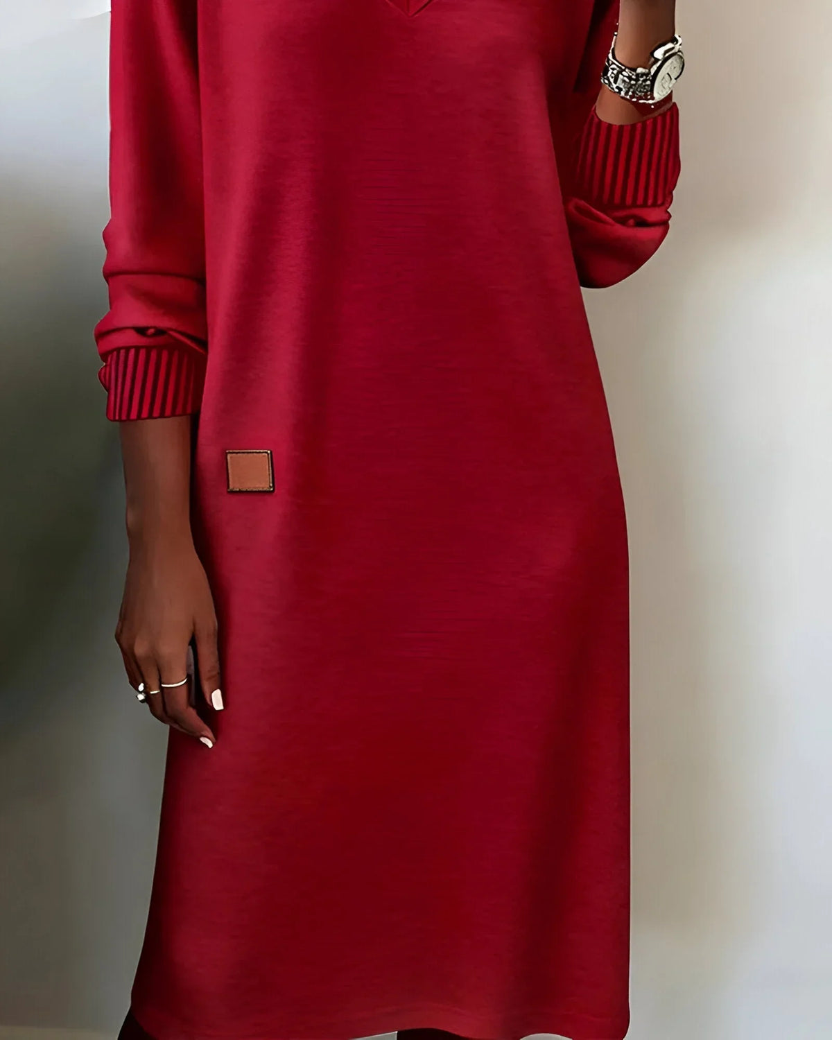 Women's V-Neck Knit Midi Dress, Long Sleeves and Patch Detail