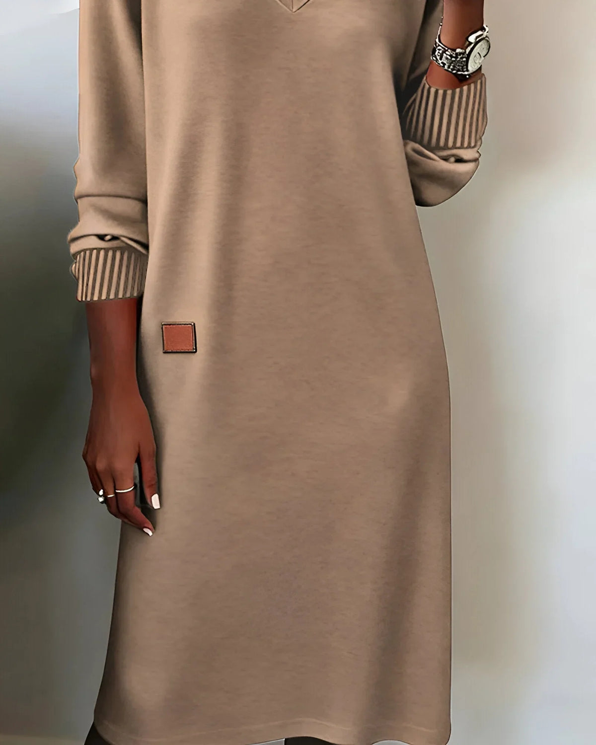 Women's V-Neck Knit Midi Dress, Long Sleeves and Patch Detail