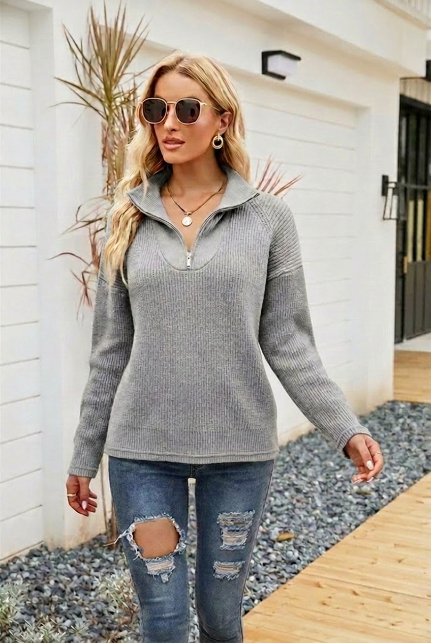 Women's Oversized Half-Zip Sweater, Stand Collar - Celestelle