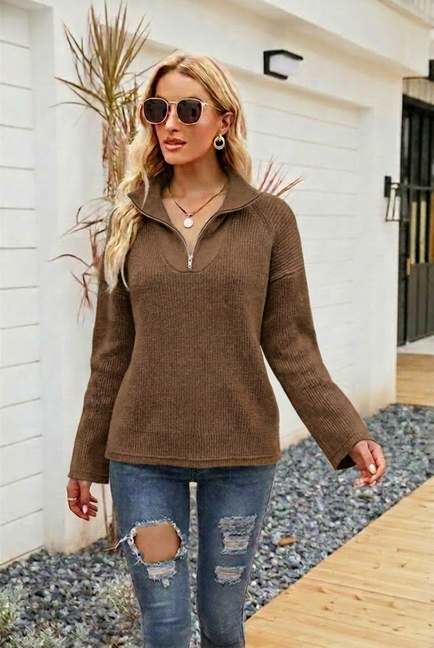 Women's Oversized Half-Zip Sweater, Stand Collar - Celestelle
