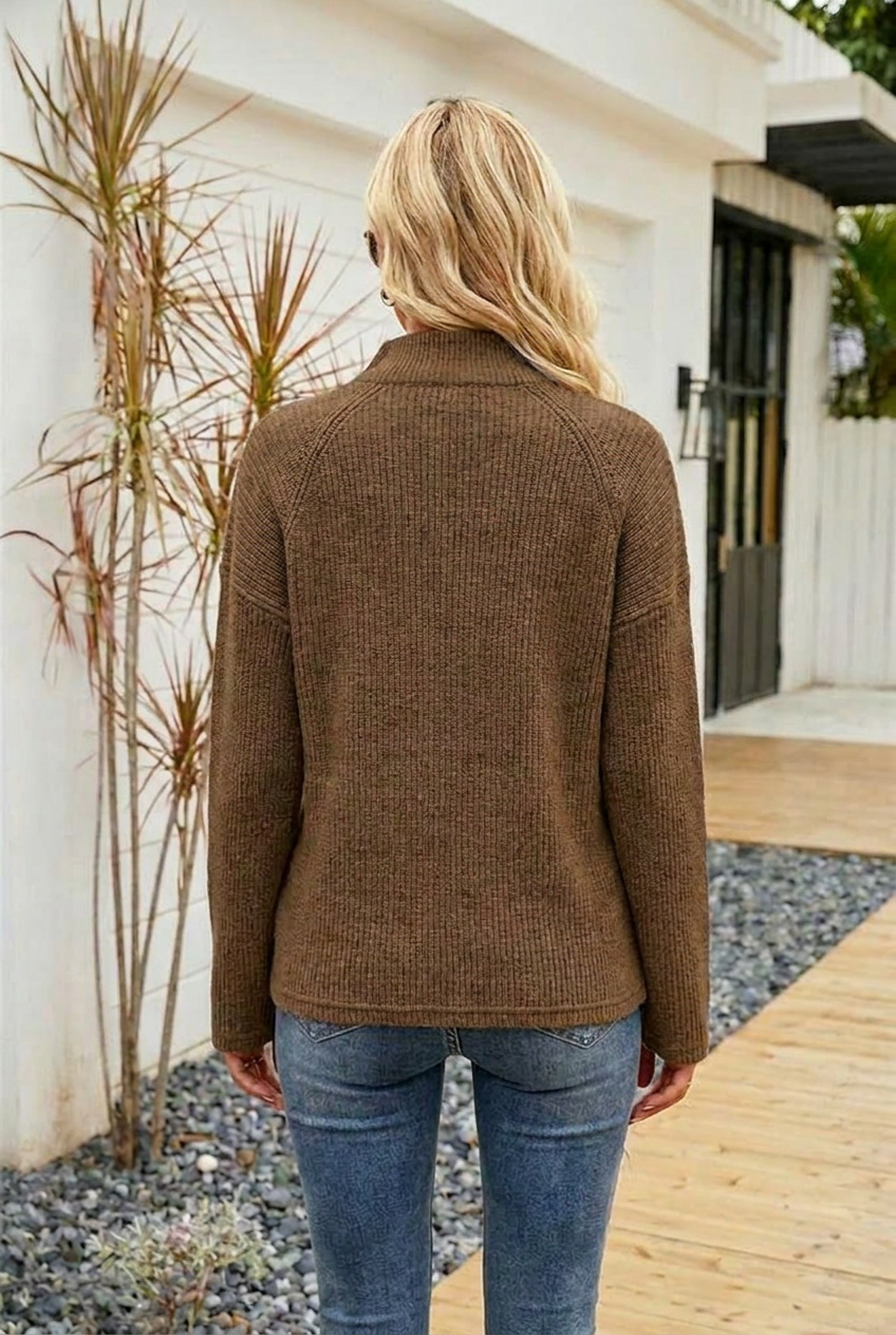 Women's Oversized Half-Zip Sweater, Stand Collar - Celestelle