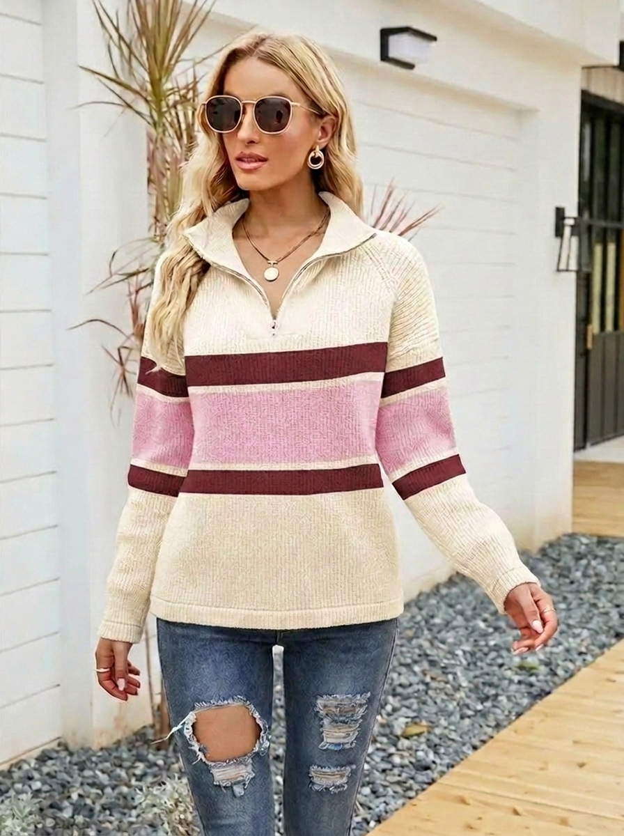 Women's Oversized Half-Zip Sweater, Stand Collar - Celestelle