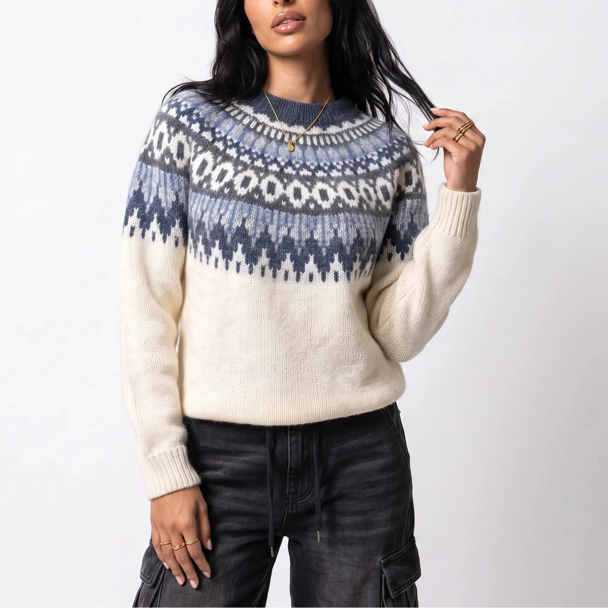 Women's Fair Isle Sweater, Crew Neck Nordic Pattern Knit