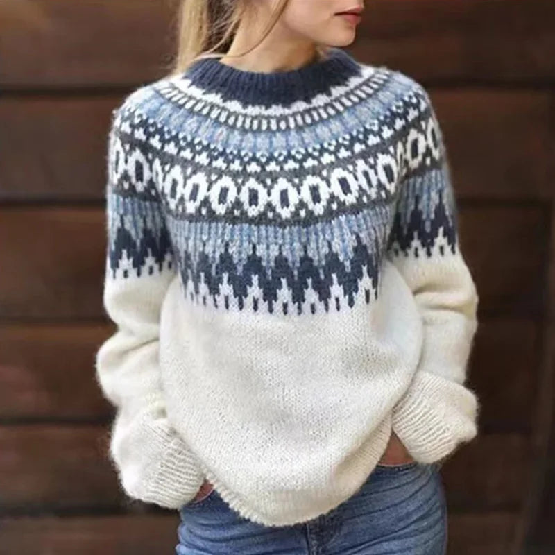 Women's Nordic Pattern Knit Sweater, Norwegian-Inspired Design