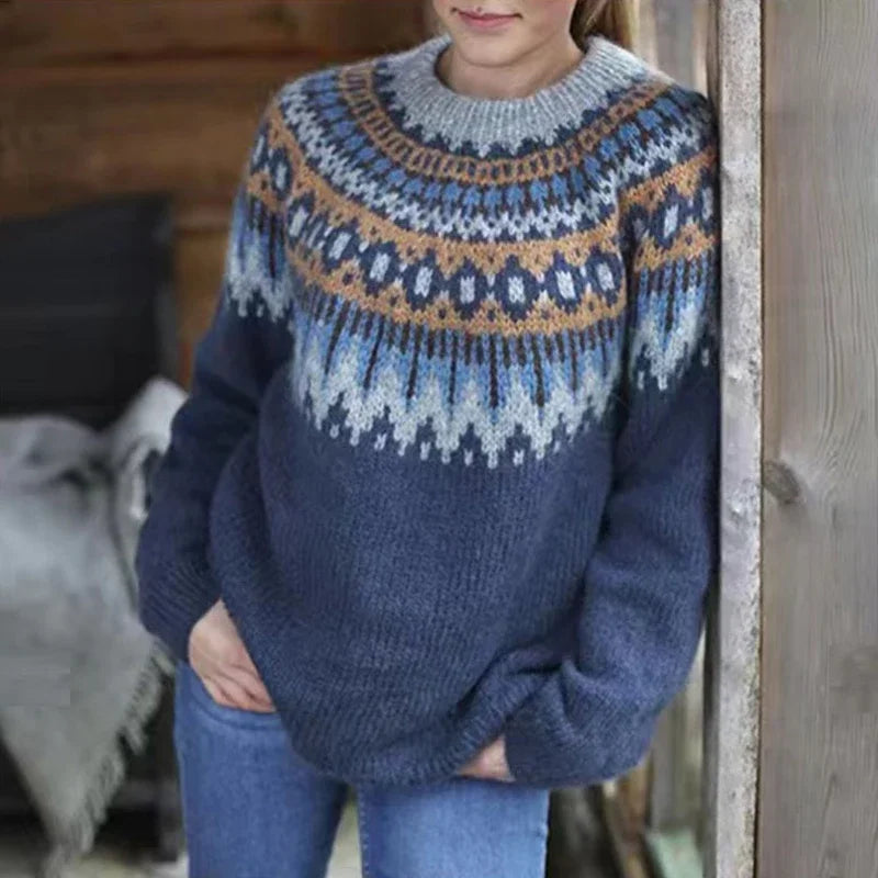 Women's Nordic Pattern Knit Sweater, Norwegian-Inspired Design
